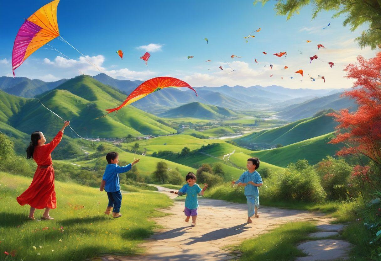 A colorful scene depicting a family joyfully crafting vibrant Chinese kites in a sunlit outdoor space, surrounded by rolling green hills and a clear blue sky. The kites should be adorned with traditional Chinese designs, fluttering gently in the breeze. Include playful children laughing and an assortment of crafting materials strewn about, capturing the essence of creativity and family bonding. The atmosphere should exude joy and festivity, inviting viewers to join in the fun. vibrant colors. super-realistic.