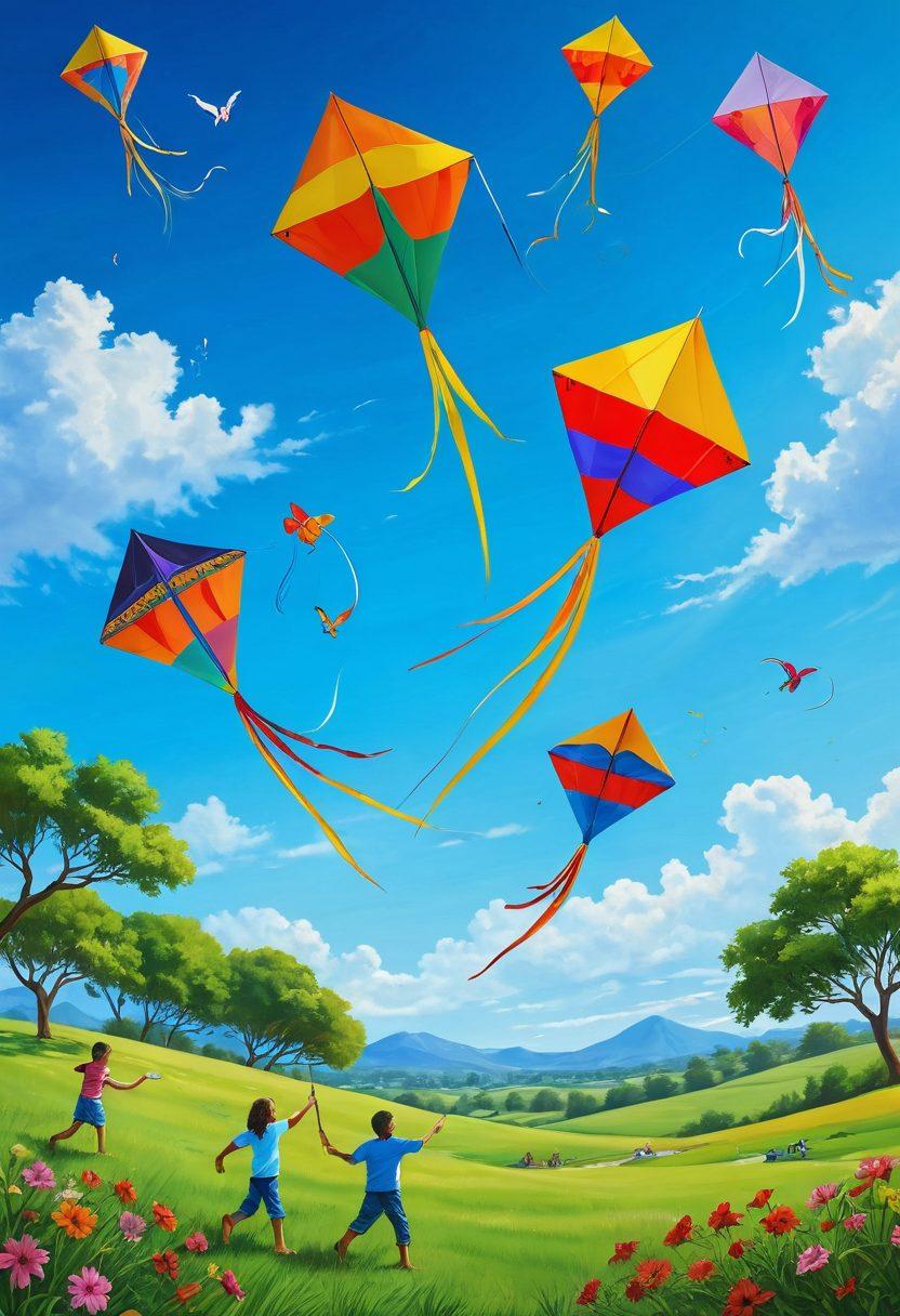 A colorful array of kites soaring in a bright blue sky, each designed with intricate cultural patterns and symbols. Below, a joyful family of diverse backgrounds is painting and assembling their kites, surrounded by lush green grass and blooming flowers. The scene captures the essence of outdoor creativity and togetherness, with sunlight illuminating the vibrant colors of the kites. super-realistic. vibrant colors. bright background.