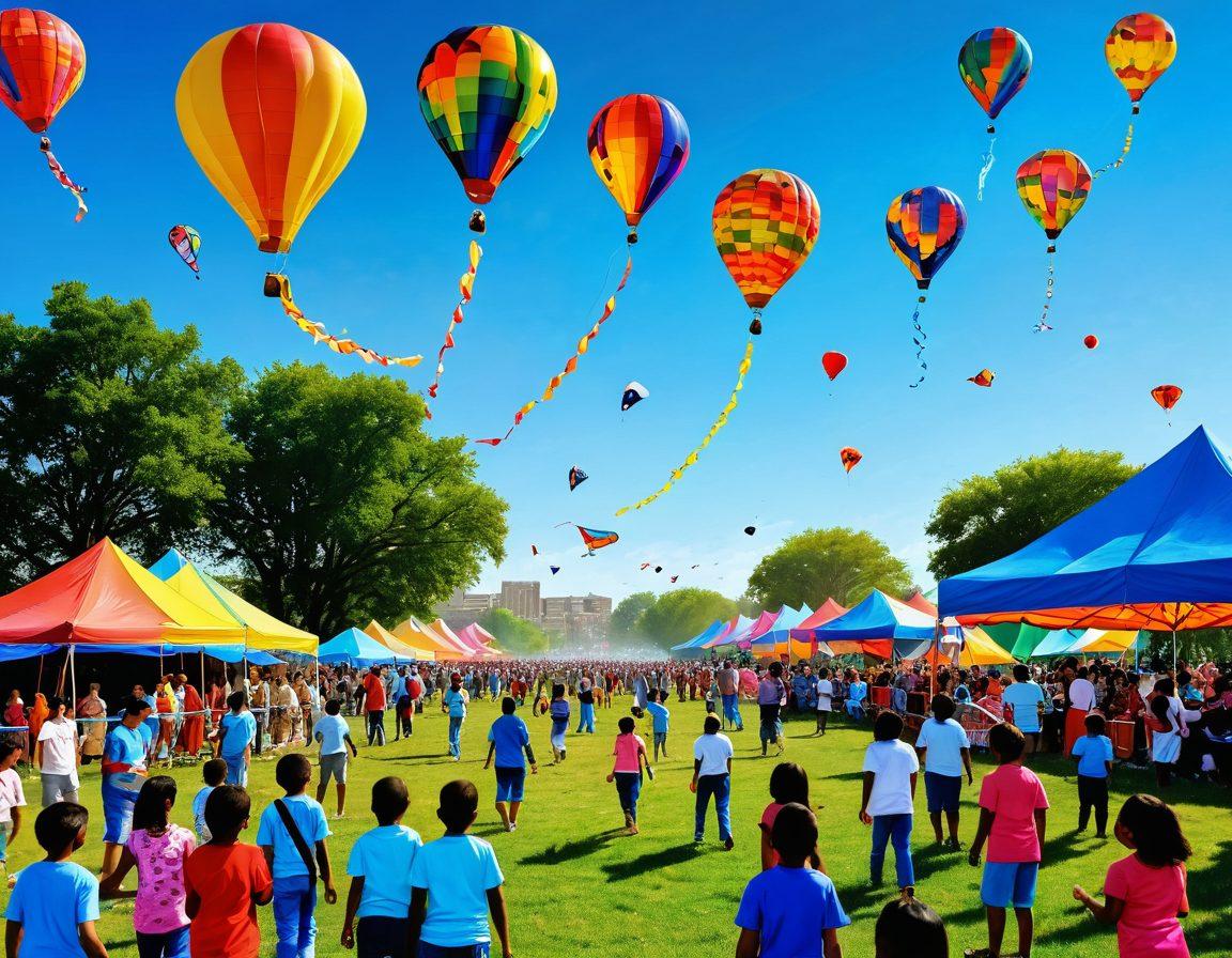 A lively scene of a kite festival with colorful kites soaring high in a bright blue sky, families gathered below enjoying games and picnics. Kids with joyfully painted faces fly kites with intricate designs, while balloons and streamers float in the background. The sun shines down, casting a warm glow on the excited crowd, capturing the essence of outdoor fun and togetherness. vibrant colors. super-realistic. sunny day.